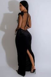Glitzerndes, Strass-durchsichtiges, Mesh-gepolstertes, langärmliges Maxi-Abendkleid - Schwarz